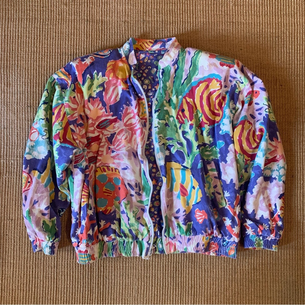 Vintage Multi-Colored Sea Life Ocean Reversible Cotton Jacket 80s